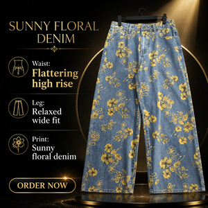 <strong>Yellow</strong> Floral Print Wide Leg <strong>Jeans</strong> High Waist Light Wash Denim Pants Vintage Summer <strong>Women</strong> - Product Image 6