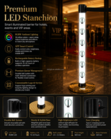 Barrera de Acero para Eventos con Iluminación LED RGBW, Batería Recargable, Ángulo de Haz de 360 Grados, para Entrada VIP con Alfombra Roja