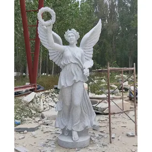 Escultura de anjo da guarda em mármore branco para hotel, pedra natural europeia, granito grande, tamanho real, jardim ao ar livre, estátuas de anjos, escultura em tamanho natural