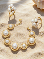 Bracelet en perles rondes avec anneau ouvert en acier inoxydable plaqué or véritable 18 carats, ensemble de bijoux pour femmes
