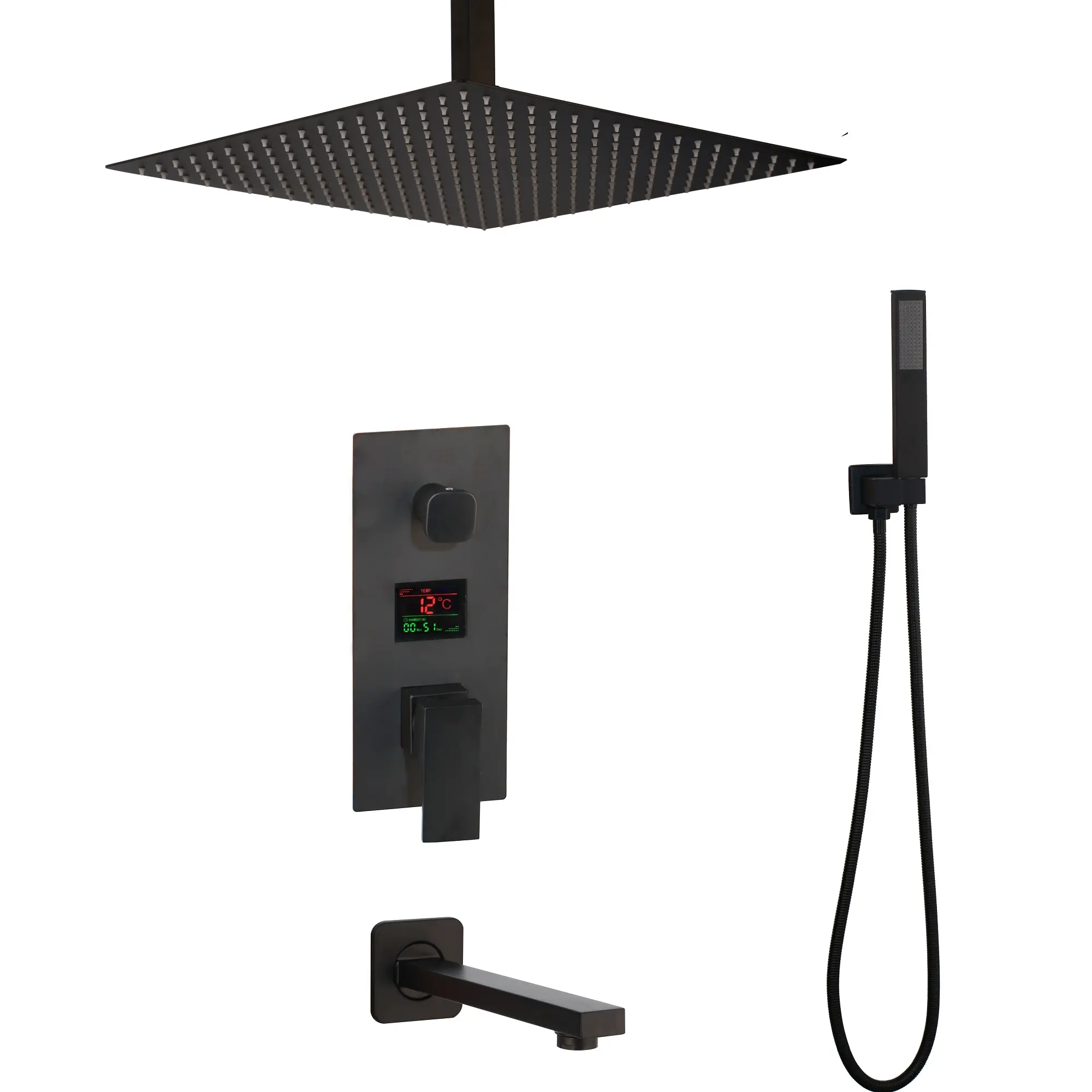 16" LED Balck Ceiling Shower Head Digital Mixer Valve Tub Spout Shower Faucet 