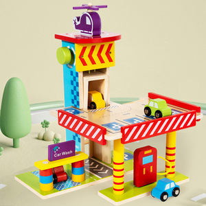 Montessori Small-Sized Kids' Pretend Play Parking Garage - Toddler Role-Play Car Parking Center Wooden Toy for Kids Boys Girls - Product Image 1