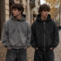 Sweat à capuche zippé pour homme, délavé à l'acide, avec fermeture éclair bidirectionnelle, coupe oversize, poche kangourou, style vintage, personnalisable, vente en gros