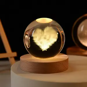 3D Laser Engraved Crystal Ball With Elegant Beechwood Light Base - Exquisite Art Piece For Home And Office Decor