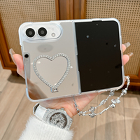 Étui de téléphone miroir de luxe avec strass en forme de cœur, support intégré et cordon perlé, coque transparente antichoc pour iPhone Duo Fold