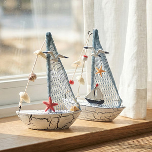 Ornement de voilier en forme de coquillage, 2 pièces, décoration de bateau en bois de style méditerranéen pour le salon, cadeau d'anniversaire - Product Image 1