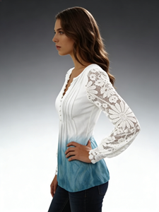 Oferta Especial en Blusa Elegante con Patrón Sólido y Mangas de Encaje Calado, Cuello en V, Abotonada, Camisa Casual para Damas, Primavera - Product Image 6