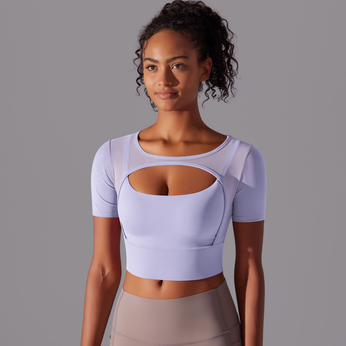 Custom Logo Ladies Gym Workout Crop Top Front Hollow Breathable Fitness Yoga Mesh Top Short Sleeves Plus Size Options Sports Bra
