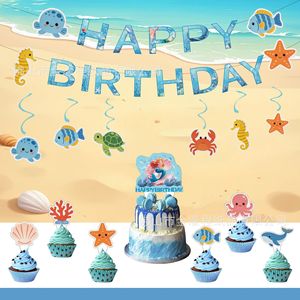 Ensemble de décoration d'anniversaire sur le thème de l'océan, décorations de gâteau en papier, cartes suspendues, accessoires de scène pour fête d'anniversaire de 2 à 4 ans - Product Image 2