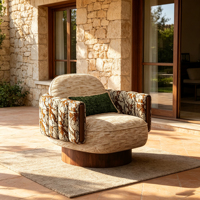 Fauteuil pivotant rétro à imprimé floral, fauteuil rembourré en tissu mélangé, base rotative en bois, fauteuil lounge pour salon de villa
