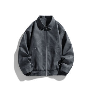 Chaqueta corta de cuero con logo personalizado, estilo americano retro, color sólido, corte ajustado, para hombre y mujer, con hombros caídos, solapa de cuero, a la moda. - Product Image 5