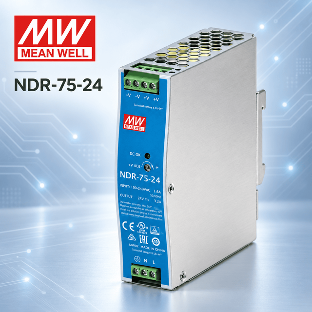 MEANWELL NDR-75-24 24V 3.2A 76.8W DIN Rail Power Supply 90-264VAC for Industrial Control Panel PLC Systems
