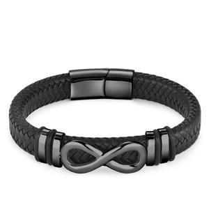Brazalete de Cuero Genuino con Bucle Infinito de Acero Inoxidable Plateado Negro de Alta Calidad, Joyería para Hombre - Product Image 4
