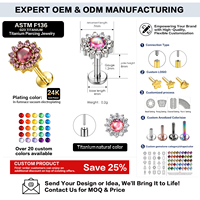 Labret en titane G23 ASTM F136 de qualité implantable, sans filetage, à poussoir, pour cartilage d'oreille, hélix, tragus, avec opale, motif tournesol, plaqué or