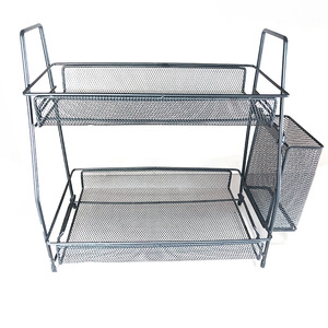 Wrought Iron Storage Rack 2 Tier Black Mesh <b>Desktop</b> Organizer For Kitchen Bathroom Stationery Books Toys - Product Image 2