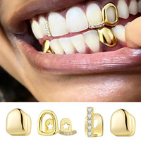 Grillz de un solo diente con circonita engastada, geométrico, chapado en oro de 18K, cobre, estilo Hip Hop |   Joyas Personalizadas Unisex para Fiestas Grillz