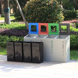 4 Compartments Recycling Trash Bins For Outdoor And Indoor Use Steel Metal Trash Bin With Top Cover Little Bin