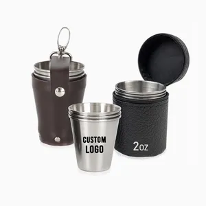 4 Pack 2oz Stainless Steel Shot Cups with leather Carry Cases Custom metal Shot Glass