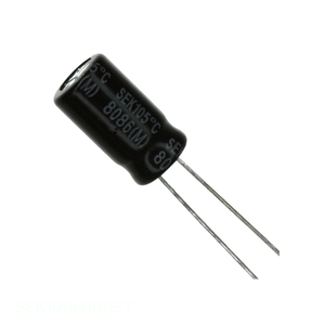 Condensador de canal del fabricante CAP ALUM 10UF 20% 100V RADIAL TH SEK100M100ST 10 uF de orificio pasante - Product Image 1