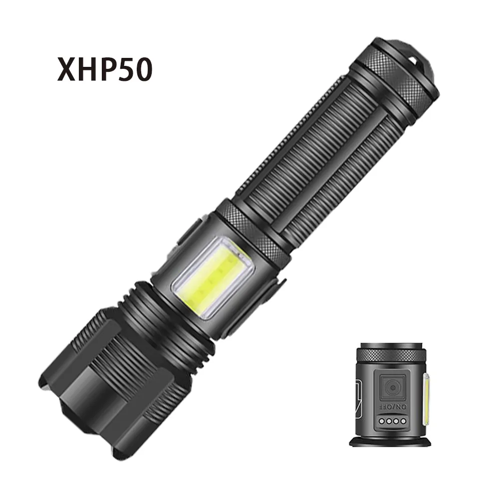 XHP50 Super Bright IPX4 Waterproof Aluminum USB-C LED Rechargeable Zoomable Camping Torch Tactical Flashlight with COB Sidelight