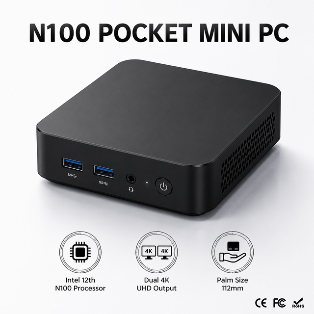 MiniTree N100 Pocket Mini PC 4K Dual HD Output 2*Type-C Ports WIFI5 M.2 RJ45 LAN 4 USB Full-Featured Compact Small Computer
