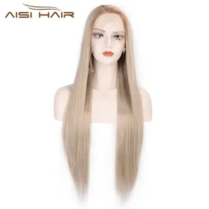 Aisi Hair wig serat sintetis tahan panas wig depan renda pirang lurus panjang halus untuk pesta Cosplay wanita hitam putih