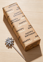 Papier d'emballage Kraft marron Joyeux Anniversaire avec texte noir et doré, papier cadeau recyclable pour les fêtes d'anniversaire