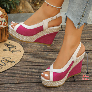 Sandales compensées Xuanhui pour femmes, à bout ouvert, plateforme, chaussures d'été décontractées à bride arrière, en toile patchwork, talons tendance, sandales de plage - Product Image 6
