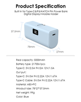 Mini Power Bank 5000mAh avec connecteur USB-C pliable intégré, écran numérique, chargeur portable pour smartphones