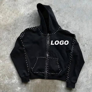 Sudadera con Capucha de Invierno, Tejido Sólido, Holgada, 100% Algodón, Transpirable, Extra Grande, con Cierre, Estampado de Serigrafía, Remaches de Estrás y Capucha - Product Image 1