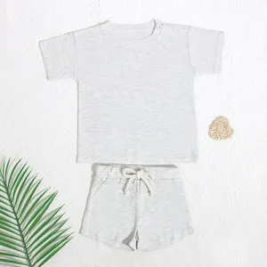 Custom Embroidery Baby Bamboo Clothes Short Sleeve Summer Cool Waffle Solid Color Baby Girl Clothing Sets