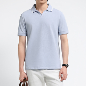 Camisa Polo de Alta Calidad para <span class=keywords><strong>Hombre</strong></span>, Color Azul Claro con Cuello en Contraste, Talla Grande, Holgada, Informal de Negocios, para Golf, <span class=keywords><strong>Manga</strong></span> <span class=keywords><strong>Corta</strong></span> - Product Image 1