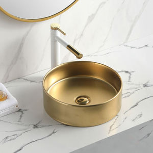 Lavabo de salle de bain de luxe en céramique dorée artistique, petit lavabo rond à poser pour hôtel - Product Image 2