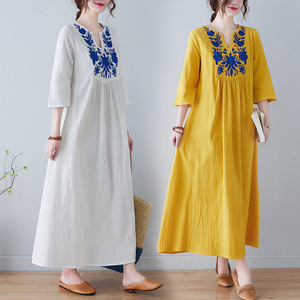<span class=keywords><strong>Robe</strong></span> mi-<span class=keywords><strong>longue</strong></span> pour femmes, style ethnique, broderie ample, col en V, manches 3/4, nouvelle collection été - Product Image 1