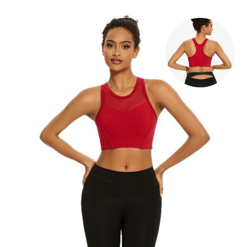 Aoyema Women's Sports Wear Sexy New Round Collar Racerback Vest Naked Feeling Rib High Gym Yoga Top Sports Fitness Bra