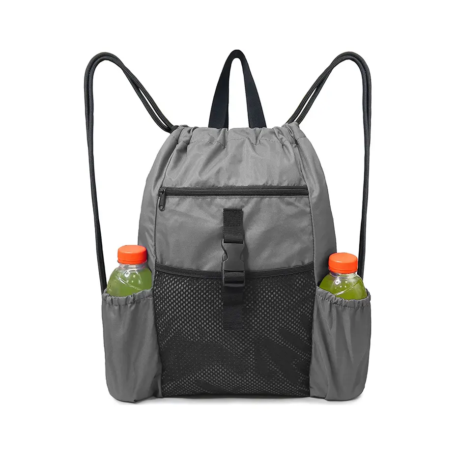 Mochila con cordón, bolsa con cordón, bolsillos con cremallera y soportes para botellas de malla, bolso grande para gimnasio, deportes, Playa