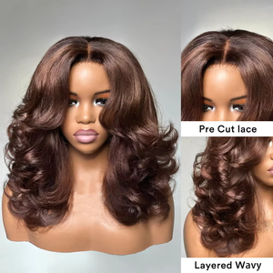 Pelucas de Cabello Humano Ondulado Súper Doble Trama, Voluminosas y Completas, 7x5, Pre-cortadas, Color Castaño Claro, con Encaje Frontal, Sin Pegamento, Cabello Chino - Product Image 3