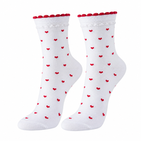 Chaussettes pour femmes, motif cœur, bord festonné, bord côtelé, douces, respirantes, décontractées, fantaisie, en coton