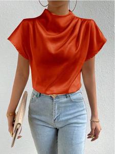Camiseta de satén de verano para mujer, top holgado con fruncido en el hombro izquierdo y cuello corto, ¡novedad de gran venta! - Product Image 3