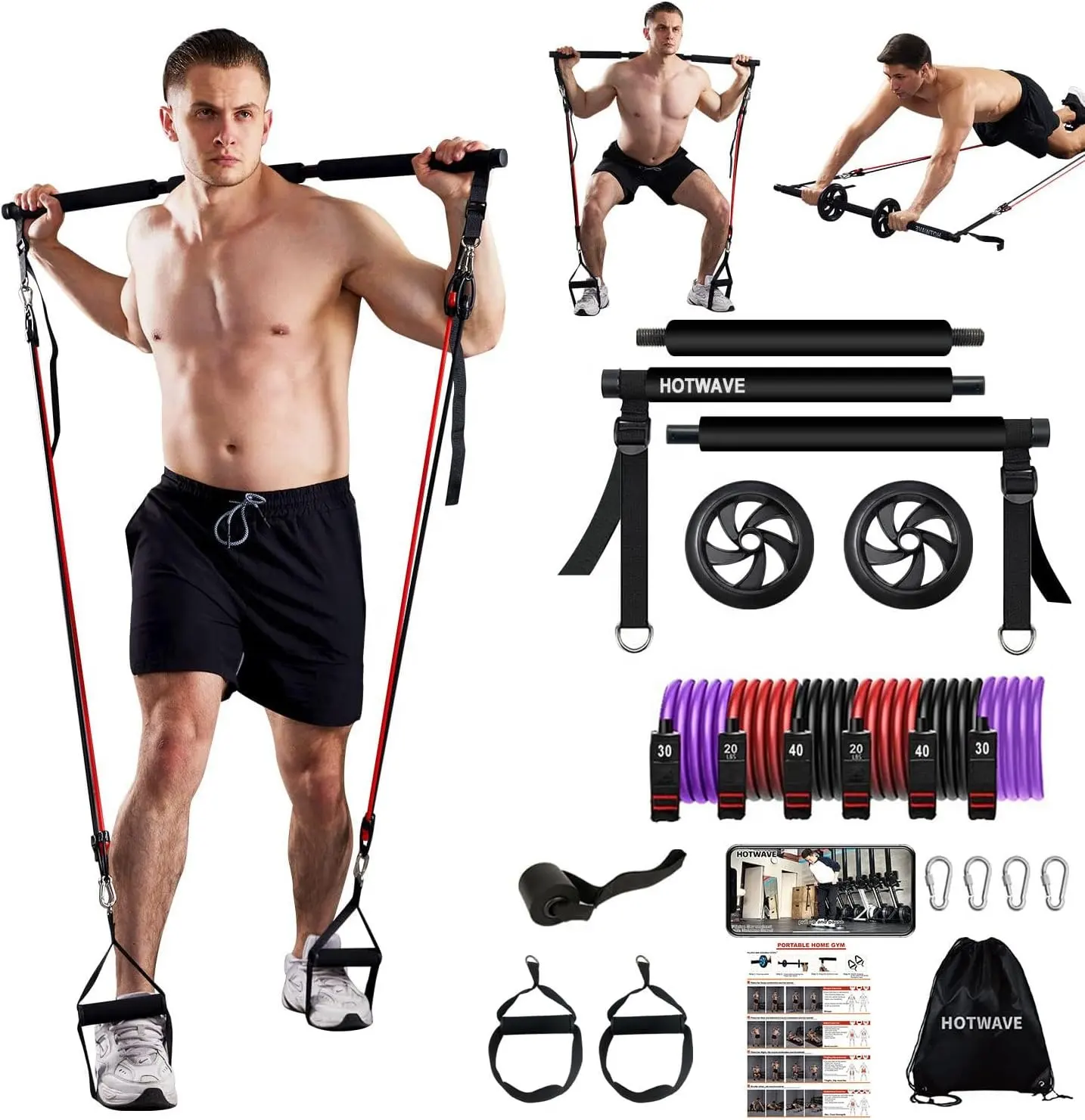 MR Multifunction Portable Pilates Bar Theraband stick Exercise Portable Yoga Stick Pilates Bar Kit With Resistance Band roller