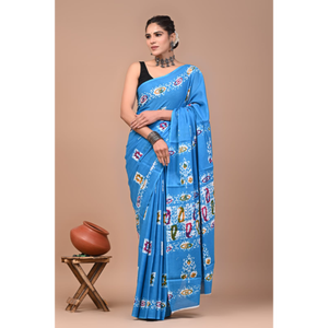 Sari de Algodón Mulmul Estampado con Blusa a Juego, Sari de Algodón Mulmul Ligero y Elegante - Cómodo para Uso Diario - Product Image 6