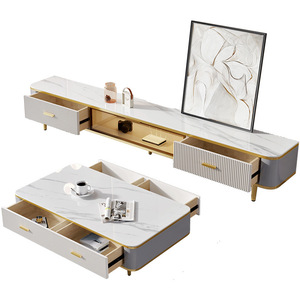 Conjunto Moderno de Lujo de Mueble para TV y Mesa de Centro de Madera y Mármol para Sala de Estar, Diseño Cuadrado con Cajones, Flotante, Blanco, Grande - Product Image 5