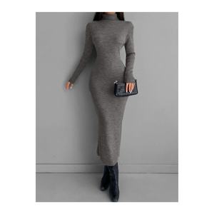 Vestido de suéter de cuello alto para mujer, manga larga, largo midi, cintura natural, estilo sencillo, corte regular, para uso modesto - Product Image 6
