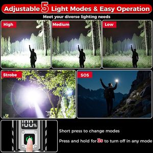 Linterna Táctica LED Recargable y Portátil de Alta Potencia, Impermeable y con Zoom para Emergencias al Aire Libre de Largo Alcance - Product Image 5