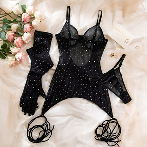 <span class=keywords><strong>Elegante</strong></span> Body Teddy in Rete Trasparente con Glitter, con Ferretto, Aderente, Seducente, con Spalline e Schiena Scoperta, con Guanti Abbinati - Product Image 6