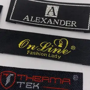 Accesorios de ropa Logotipo de marca personalizado Tela de poliéster de alta densidad Etiqueta tejida Etiquetas de cuello principal