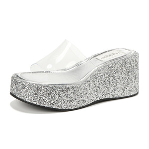 528A Women's <b>Wedges</b> <b>Sandals</b> Open Toe <b>Platform</b> PVC Lining Rhinestones Height Increasing Slip-On Summer Shoes - Product Image 5