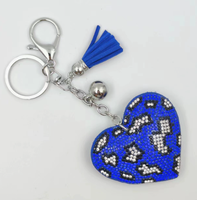 Koningsblauwe modieuze sleutelhanger met luipaardprint, hartvormig, volledig bezet met strass steentjes en kwastjes, best verkochte charme hangende ornament