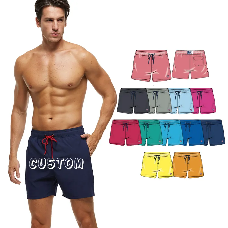 Shorts de praia personalizados, logotipo masculino de cor sólida para natação, com cordão