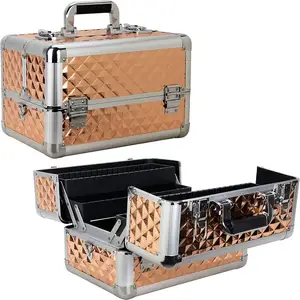 Fashion Design Portable Make up Briefcase Metal Travel Hard Bag Vanity Makeup Suitcase Cosmetic Case Professional Aluminum Open